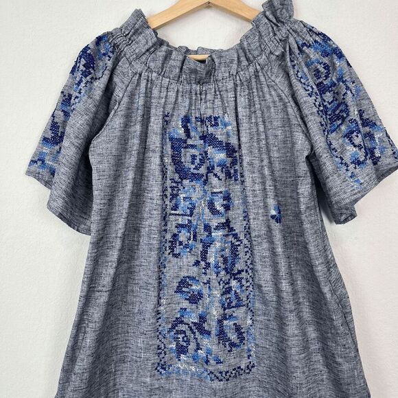 Margarita Mercantile Blue Chambray Embroidered Short Sleeve Dress Women’s Medium - Picture 2 of 6